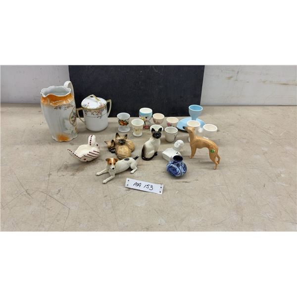 Assorted Ceramics Including Nippon Sugar Jar, Beswick Cat, Egg Cups, Jug, Dog Figurines and More