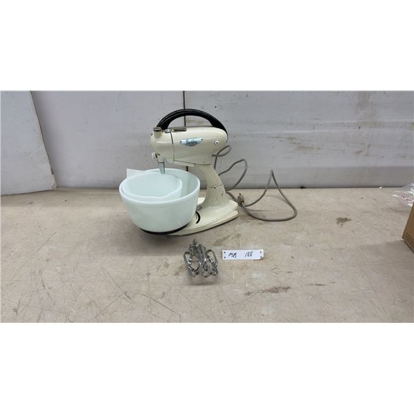 Vintage Berkley De Luxe Cream Stand Mixer with 2 Milk Glass Bowls and Beaters