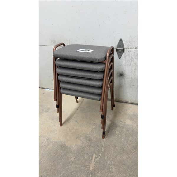 Set of Six Stackable Utility Stools with Bronze Metal Frames and Grey Upholstered Seats