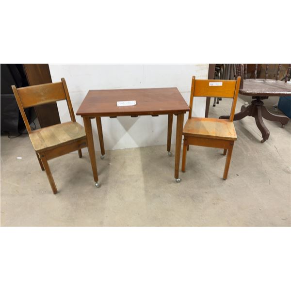 Vintage Mid-Century Wooden Child's Table 22 1/2" x 24 1/2" x 16 1/2" With Two Matching Chairs