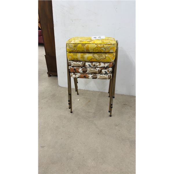 Five Mid-Century Modern Stacking Stools: Three Floral & Two Yellow Patterned
