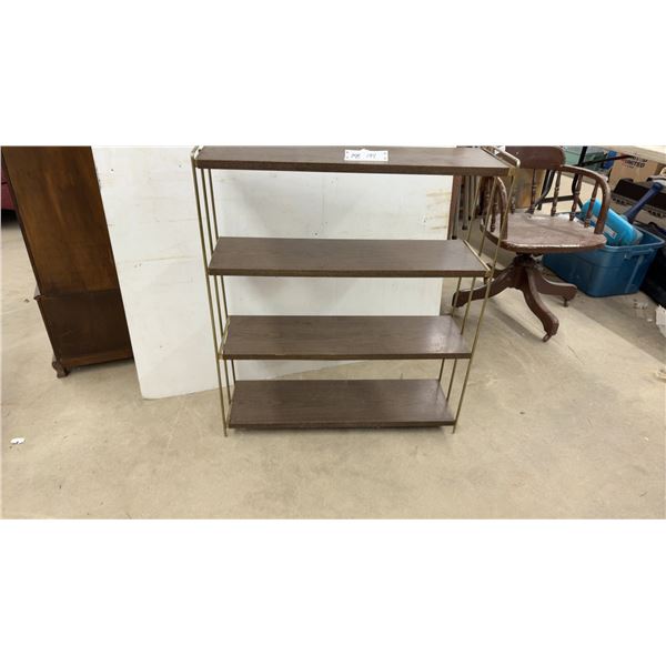 Mid-Century Modern Four-Tier Etagere with Faux Wood Metal Shelves and Brass-Tone Frame