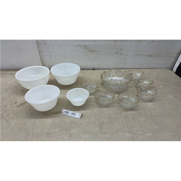 4 Milk Glass Mixing Bowls, 3 Federal, 1 Fire-King Milk & Anchor Hocking Gold Trim Glass Bowls