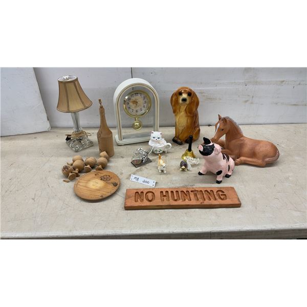 Wall Clock, Ceramic Cocker Spaniel, Horse and Pig Figurines, Bedside Lamp, No Hunting Wood Sign