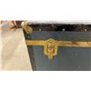 Image 10 : Vintage Trunk with Brass Hardware, Leather Handle, 19" x 36" x 18" and Plastic Storage Bins