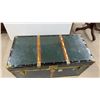 Image 12 : Vintage Trunk with Brass Hardware, Leather Handle, 19" x 36" x 18" and Plastic Storage Bins