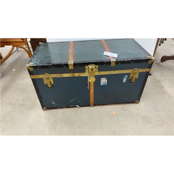Vintage Trunk with Brass Hardware, Leather Handle, 19" x 36" x 18" and Plastic Storage Bins
