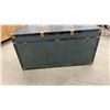 Image 3 : Vintage Trunk with Brass Hardware, Leather Handle, 19" x 36" x 18" and Plastic Storage Bins