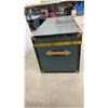 Image 4 : Vintage Trunk with Brass Hardware, Leather Handle, 19" x 36" x 18" and Plastic Storage Bins