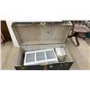 Image 5 : Vintage Trunk with Brass Hardware, Leather Handle, 19" x 36" x 18" and Plastic Storage Bins