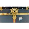 Image 9 : Vintage Trunk with Brass Hardware, Leather Handle, 19" x 36" x 18" and Plastic Storage Bins