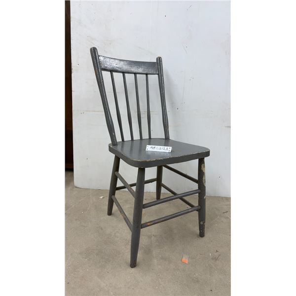 Vintage Grey-Painted Wooden Farmhouse Slat-Back Side Chair