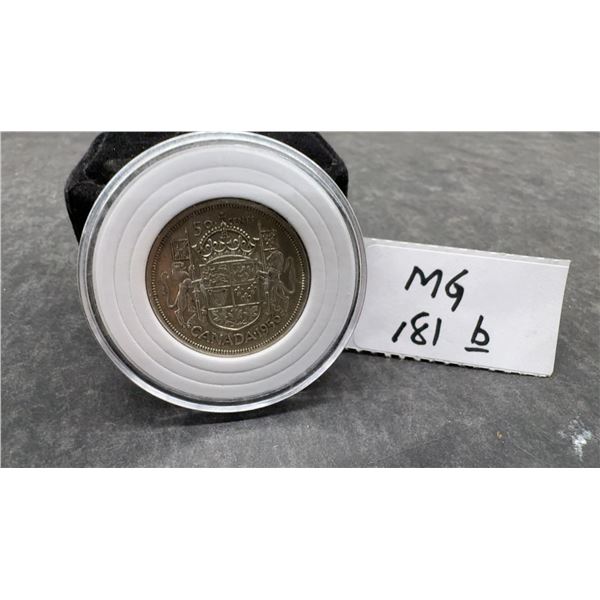 1956 Canadian 50-Cent Silver Coin Featuring Queen Elizabeth II and Coat of Arms in Capsule