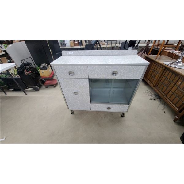Mid-Century Modern White Cracked Ice Laminate Kitchen Cabinet With Chrome Trim, Circa 1940s-1950s
