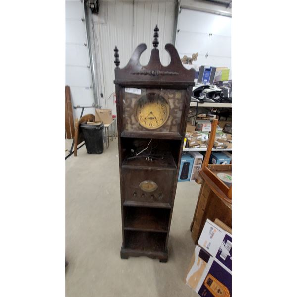 Antique Westclox Floor-Standing Radio-Clock Console With Tube Radio and Shelving, Circa 1930s 70 "