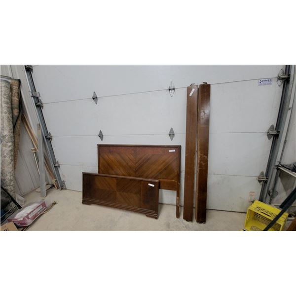 Vintage Art Deco Wooden Bed Frame with Chevron Veneer Headboard, Footboard, and Side Rails
