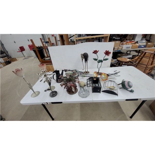 Assorted Metal Garden Decor Including Butterfly Stakes, Lantern, Birdcage, Flowers, and More