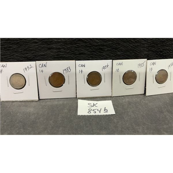 5 Canadian Small Pennies: 1932, 1933, 1934, 1935, 1936