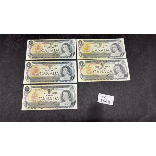 Five 1973 Bank of Canada One Dollar Notes, Queen Elizabeth II Portrait