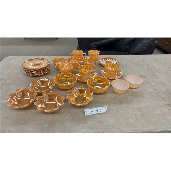 28 Pieces FireKing Peach Lusterware, Teacups, Saucers, Sugar Bowl, Creamer, Bowls & More