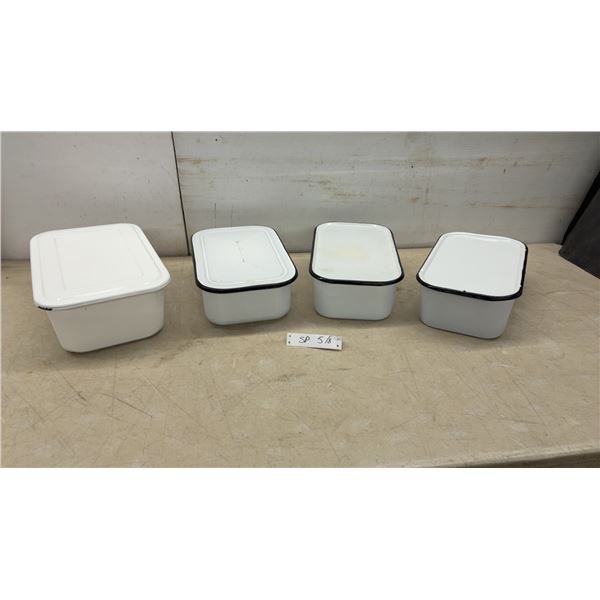 Set of Four Vintage White Enamel Kitchen Storage Containers with Lids, Largest 5" x 14" x 9"
