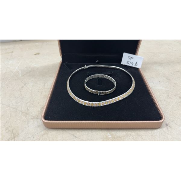 Tri-Color Sterling Silver 925 Necklace and Bracelet Set by TOB with Woven Diamond Pattern