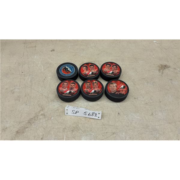 Team Canada Commemorative Hockey Pucks and Hockey Hall of Fame Puck, Set of 6