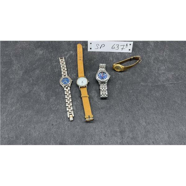 Four Ladies Watches: Levi Strauss & Co. Quartz, Swiss Military 100M, Waltham Quartz, & Gold Tone