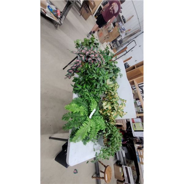 Assorted Artificial Plants Including Faux Ferns, Fittonia, and Variegated Pothos-Style Foliage