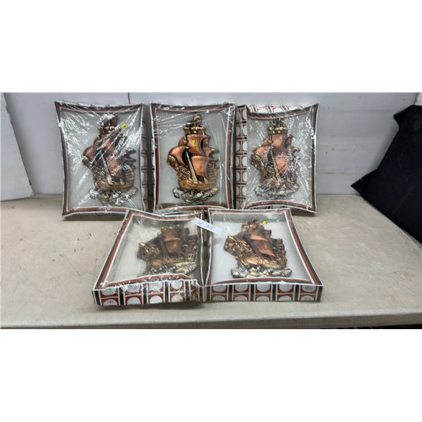 Vintage Copper and Brass-Tone Sailing Ship 3D Chalkware Style Wall Plaques in Original Packaging