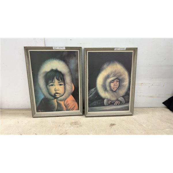 Pair of Framed Miguel Prints Depicting Children in Fur-Hooded Parkas, Signed, 22" x 16"