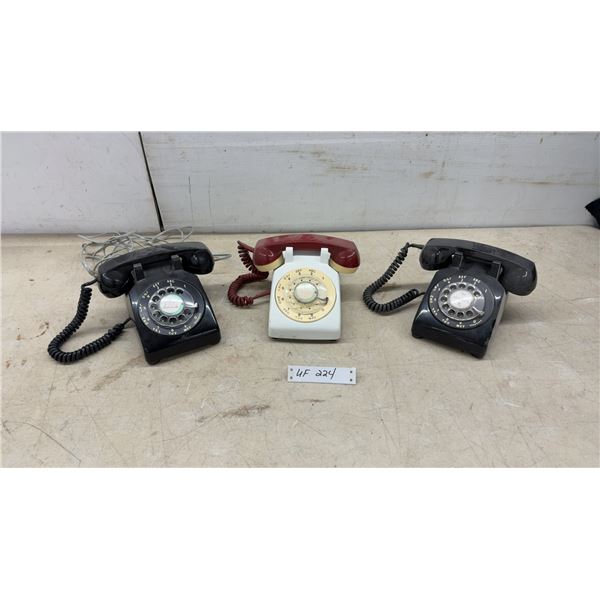 Three Rotary Dial Telephones: Two Black Western Electric 500-Series & One White/Red
