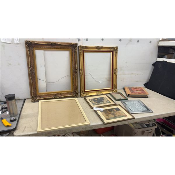 Two Ornate Gold Picture Frames, Largest 27" x 20", Two Small Framed Baby Pictures, 11" x 13"