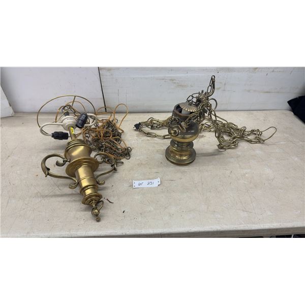 2 Vintage Brass Chandelier Hanging Lamp with Chains and Wiring. No Shades