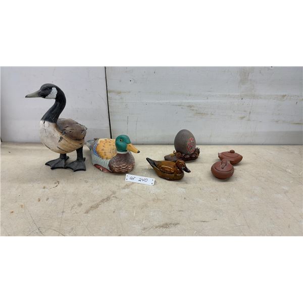 Ceramic Goose & Mallard Duck Figurines, Duck Trinket Box, Egg on Wood Base, & 2 Lidded Dishes