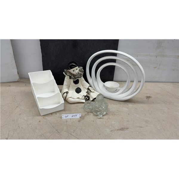 Ceramic Harlequin Figurine, White Abstract Candle Holder, Clear Glass Santa Tealight Burner