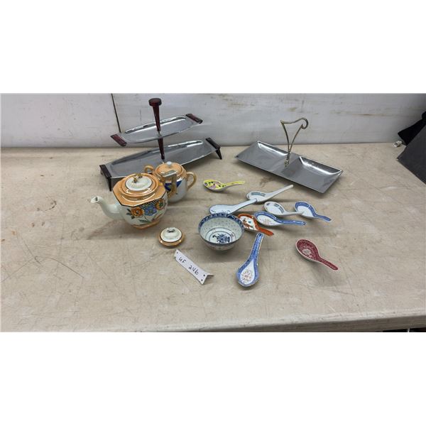 Chromeware: Two-Tiered Serving Tray, Divided Serving Dish. Teapot, Sugar Bowl, & Assorted Spoons.