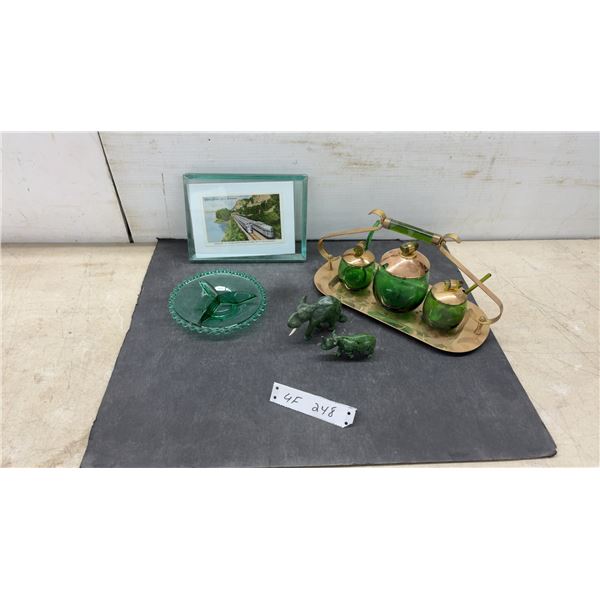 Vista Dome Twin Zephyrs Postcard in Glass Frame, Green Glass & Brass Condiment Set