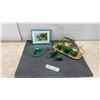 Image 1 : Vista Dome Twin Zephyrs Postcard in Glass Frame, Green Glass & Brass Condiment Set