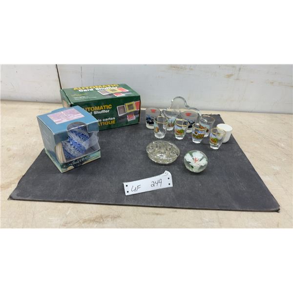 Automatic Card Shuffler, Glass Oil Lamp, Glass Paper Weight, Assorted Shot Glasses and More