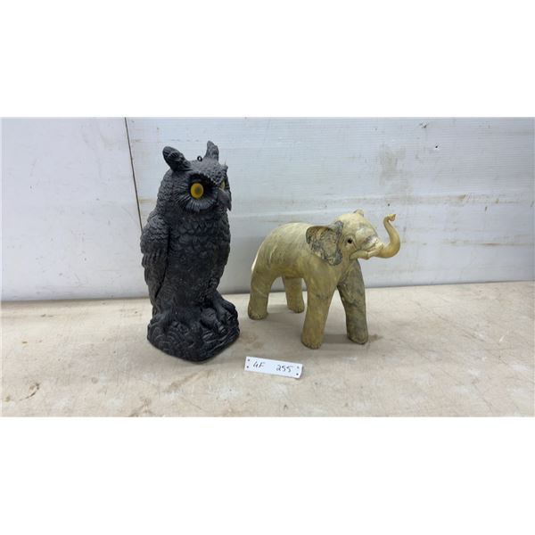 Black Plastic Owl Garden Decoy and Carved Elephant Figurine, 12" Tall