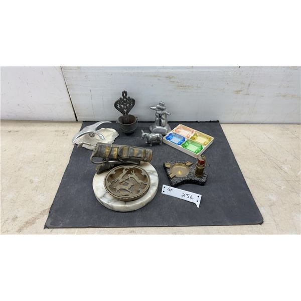 Assorted Collectibles: 4-Piece Colored Glass Ashtray Set, Metal Donkey, Brass Ashtray & More
