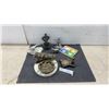 Image 1 : Assorted Collectibles: 4-Piece Colored Glass Ashtray Set, Metal Donkey, Brass Ashtray & More