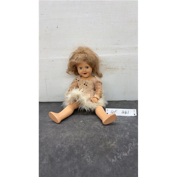 Vintage Doll with Blonde Hair & Polka Dot Dress with Fur Trim