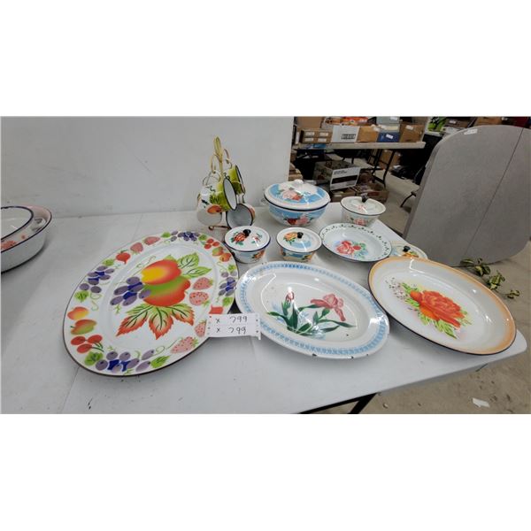 Vintage Enamelware Collection: Fruit and Floral Platters, Lidded Bowls, Mugs on Tree, and More