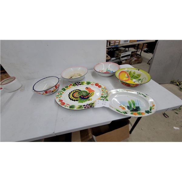 Vintage Hand-Painted Enamelware Lot: Turkey Platter, Floral Oval Plates, Fruit Bowls and More