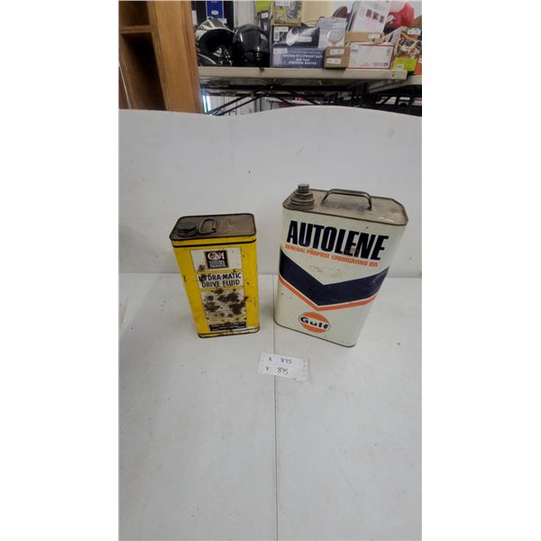 Vintage Gulf Autolene General Purpose Lubricating Oil and GM Hydra-Matic Drive Fluid Cans 1 Gallon