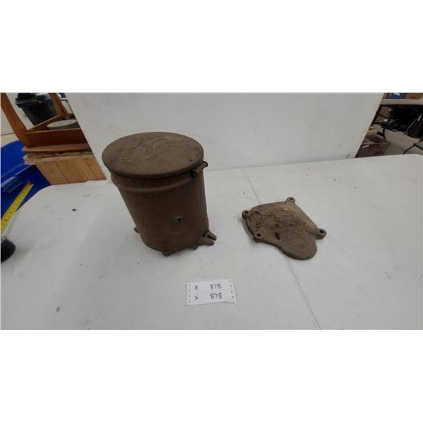 Antique John Deere Moline Illinois Cast Iron Seed Hopper With Lid and Machinery Part Embossed