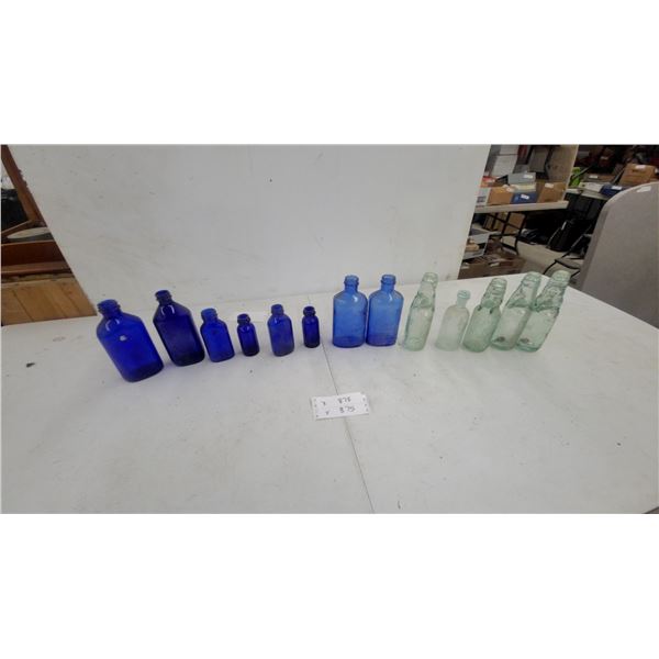 Antique Glass Bottle Collection, Phillips Milk of Magnesia Cobalt Blue, Codd-Neck Aqua Marble