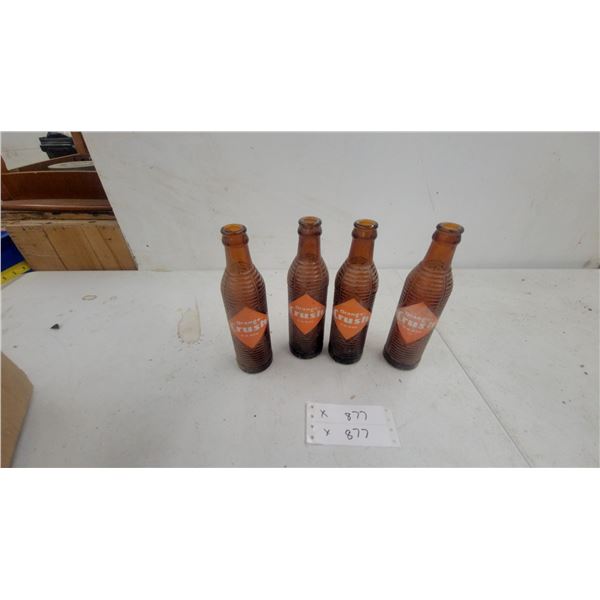 Vintage Orange-Crush Amber Ribbed Glass Soda Bottles, Set of 4